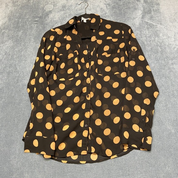 Express Tops - Express Portofino Blouse Top Womens Small Black Yellow Button Front Polka Dot